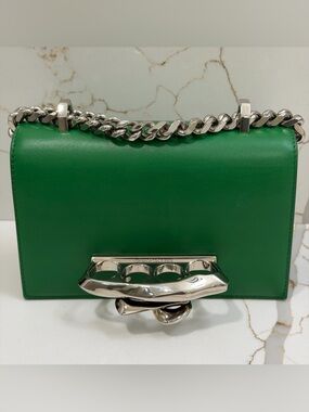 Alexander McQueen Green Leather Shoulder Bag with Silver Knuckle Handle